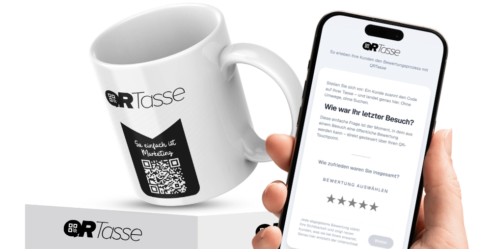 QRTasse Nutzer scannt Tasse mit QRTasse Review-Konzept-Beispiel